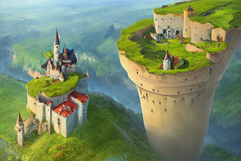 Image similar to an enchanting castle on a cliff by gediminas pranckevicius, overlooking a beautiful landscape, aerial view