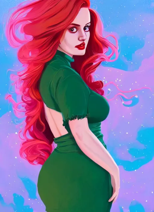 Image similar to full body portrait of teenage cheryl blossom, obese, bangs, green eyes, sultry expression, red hair, sultry smirk, bangs and wavy hair, pink skirt, fat, intricate, elegant, glowing lights, highly detailed, digital painting, artstation, concept art, smooth, sharp focus, illustration, art by wlop, mars ravelo and greg rutkowski