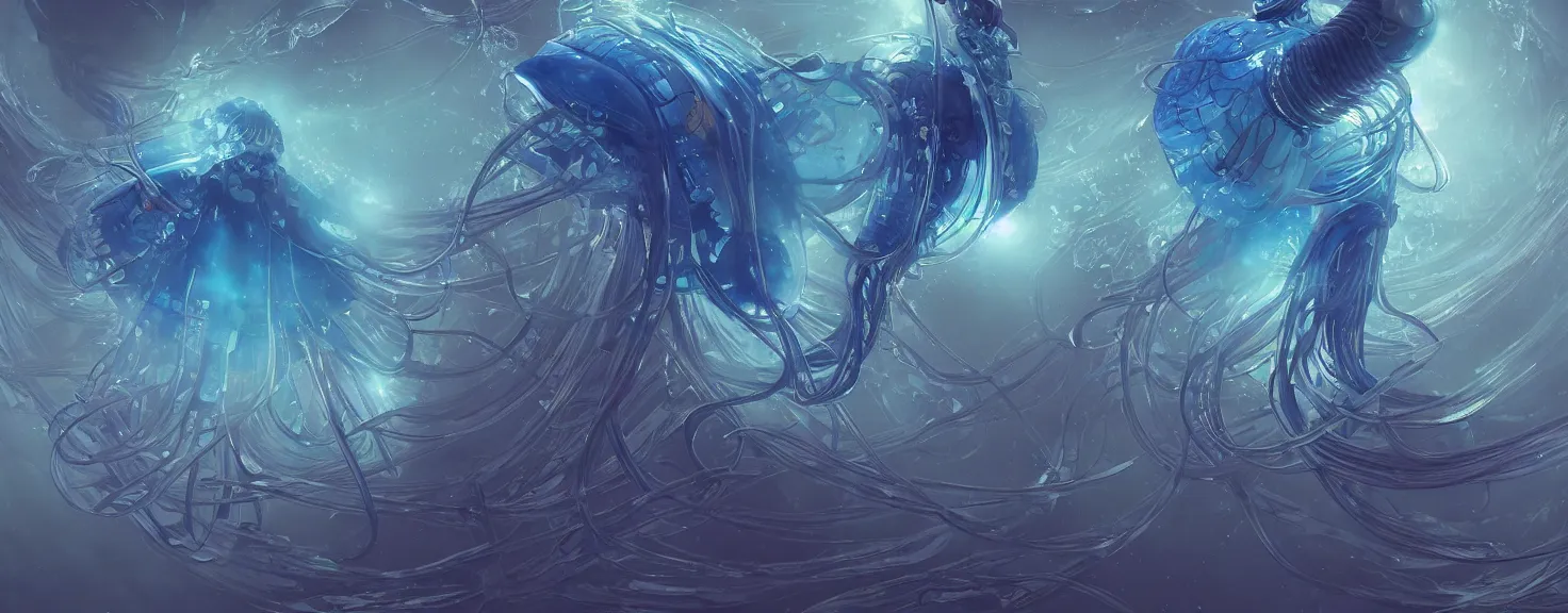 Image similar to Panorama hyper detailed painting of a cyberpunk jellyfish, blue tones, underwater, 8 mm, highly detailed, digital painting, artstation, concept art, smooth, sharp focus, illustration, art by artgerm and greg rutkowski and alphonse mucha