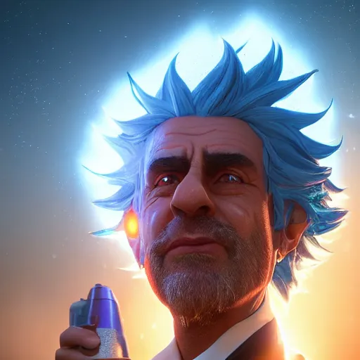 Image similar to portrait art of rick sanchez 8 k ultra realistic, lens flare, atmosphere, glow, detailed, intricate, full of colour, cinematic lighting, trending on artstation, 4 k, hyperrealistic, focused, extreme details, unreal engine 5, cinematic, masterpiece