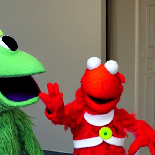 Image similar to elmo has a psychotic break and violently beats kermit to death