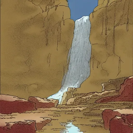 Image similar to ”old man sees waterfall in the desert, by moebius”