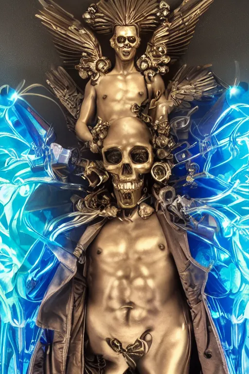 Image similar to a young handsome Spanish metal android with a large glowing blue lit crystal in the center of his chest, full-body bronze cyberpunk style statue of Icarus with glowing blue eyes, crown of mechanical peach roses, flowing teal-colored silk, fabric, steampunk flowers. baroque elements, human skull. full-length view. baroque element. intricate artwork by caravaggio. many flying horses on background. Trending on artstation, octane render, cinematic lighting from the right, hyper realism, octane render, 8k, depth of field, 3D