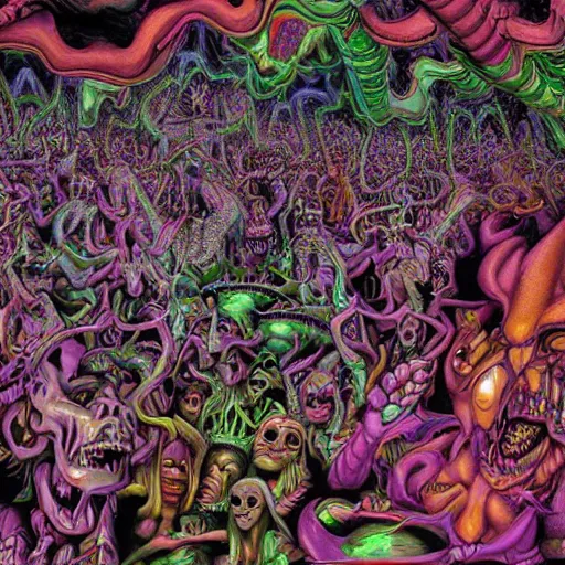 Image similar to digital painting of demons in rave party in hell by Chor Boogie, intricate details, ultra detailed, 4K, award-winning, touch of M. C. Escher