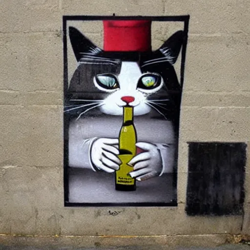 Image similar to Street art of an alcoholic cat who drink wine, by banksy