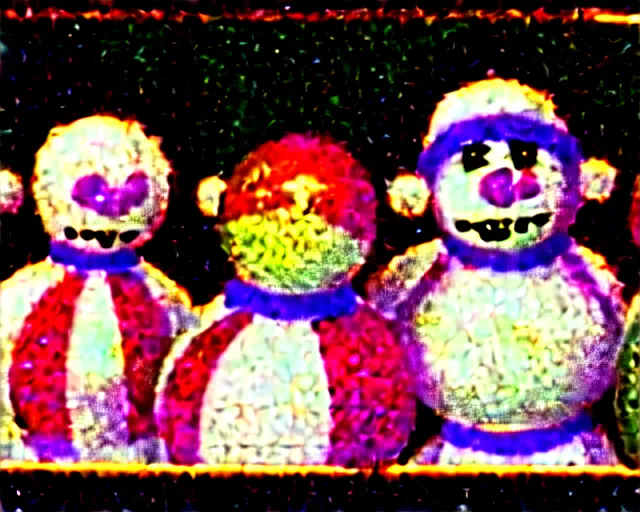 Prompt: 8 0's christmas special, featuring frosty the snowman, the band kiss, and the harlem globe trotters, frame from vhs tape