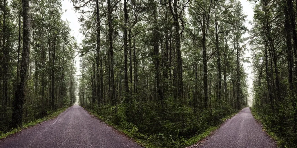 Image similar to road between tall trees, dense forest, dark night, no light