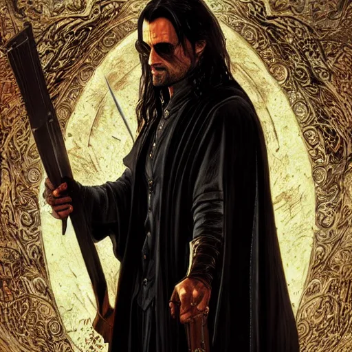 Image similar to [Aragorn in the movie Matrix as GTA character, closeup, D&D, intricate, elegant, highly detailed, digital painting, artstation, concept art, matte, sharp focus, illustration, art by Artgerm and Greg Rutkowski and Alphonse Mucha and Enki Bilal]