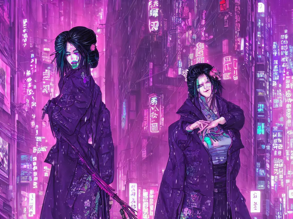 Image similar to high detailed lone dead geisha in a cyberpunk rainy city at night by Josan Gonzalez, purple and pink and blue neons, unreal engine, high quality, 4K, UHD, trending on ArtStation, wires, blade runner vibes, ghost in the shell, akira, dorohedoro