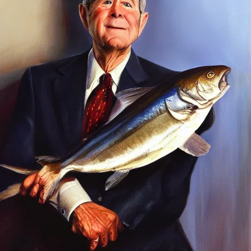 Image similar to ultra realistic portrait painting of a george bush holding a giant sardine, art by frank frazetta, 4 k, ultra realistic, highly detailed, epic lighting