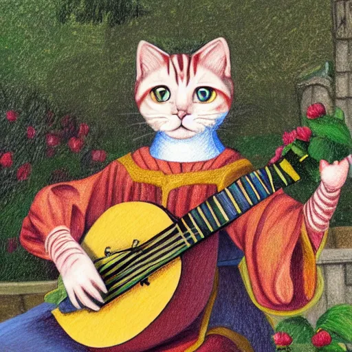Prompt: cat with lute, sitting in the rose garden, medieval portrait, low poly, colored pencil, close up
