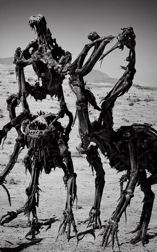 Image similar to in the desert a bloody gross horrifying The Thing creature made of muscle and bone and blood stares at the camera, eating, mid day, 35mm photography, realistic,