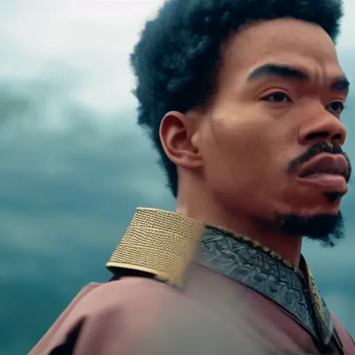 Image similar to cinematic film still of Chance The Rapper starring as a Samurai holding fire, Japanese CGI, VFX, 2022, 40mm lens, shallow depth of field, film photography