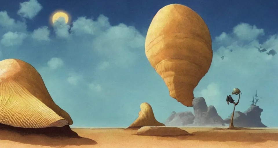 Image similar to a deserted island, giant seashell stands in the middle, a girl standing below, concept art by roger dean and john harris, atmospheric