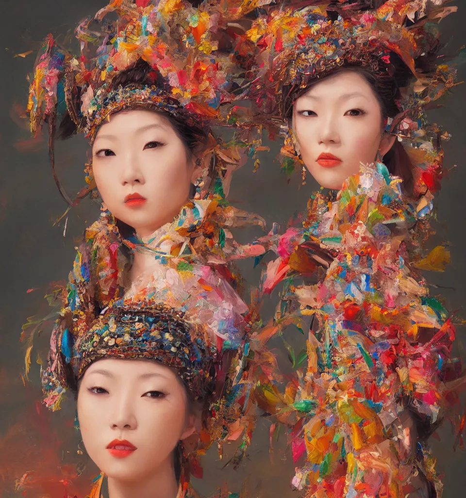 Image similar to beautiful japanese oil panting of a lady in headdress, colorful brush strokes, rendered by octane, depth of field, ultra detailed, rococo, zen concept, powerful composition, trending on artstation, 8k