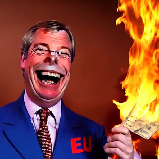 Image similar to nigel farage laughing holding burning eu flag, studio photograph, hd, studio