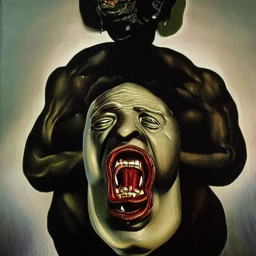 Image similar to Oil painting with black background by Christian Rex Van Minnen Robert Williams Salvador Dali of a portrait of an extremely bizarre disturbing mutated man with intense chiaroscuro lighting perfect composition