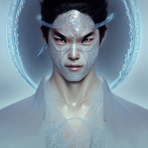 Image similar to ultra realistic illustration, a japanese male digital ghost ninja, transparent, static, intricate, elegant, highly detailed, digital painting, artstation, concept art, smooth, sharp focus, illustration, art by artgerm and greg rutkowski and alphonse mucha