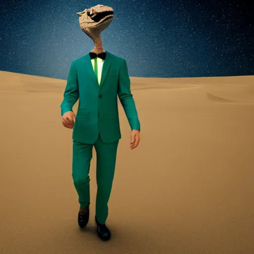 Prompt: a man with an elegant green suit, photography, 3 d render, at night, dinosaur, sand, water
