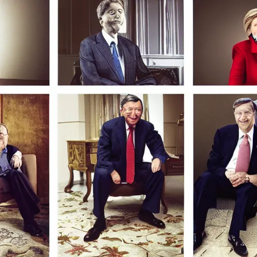 Prompt: hillary clinton, bill gates, george w bush, mario draghi as human lizards, portrait photography by annie leibovitz