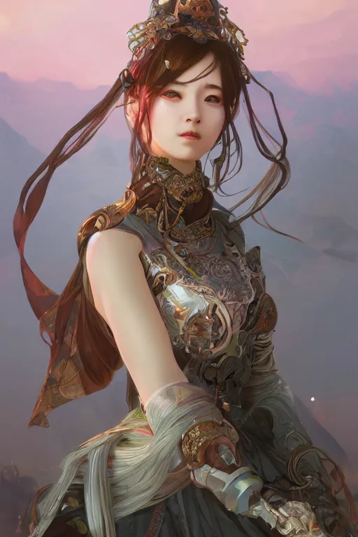 Image similar to portrait online game genshin character MONA, in ruined fantasy world Sunrise, ssci-fi, fantasy, intricate, very beautiful and elegant, highly detailed, digital painting, artstation, concept art, smooth and sharp focus, illustration, art by tian zi and WLOP and alphonse mucha