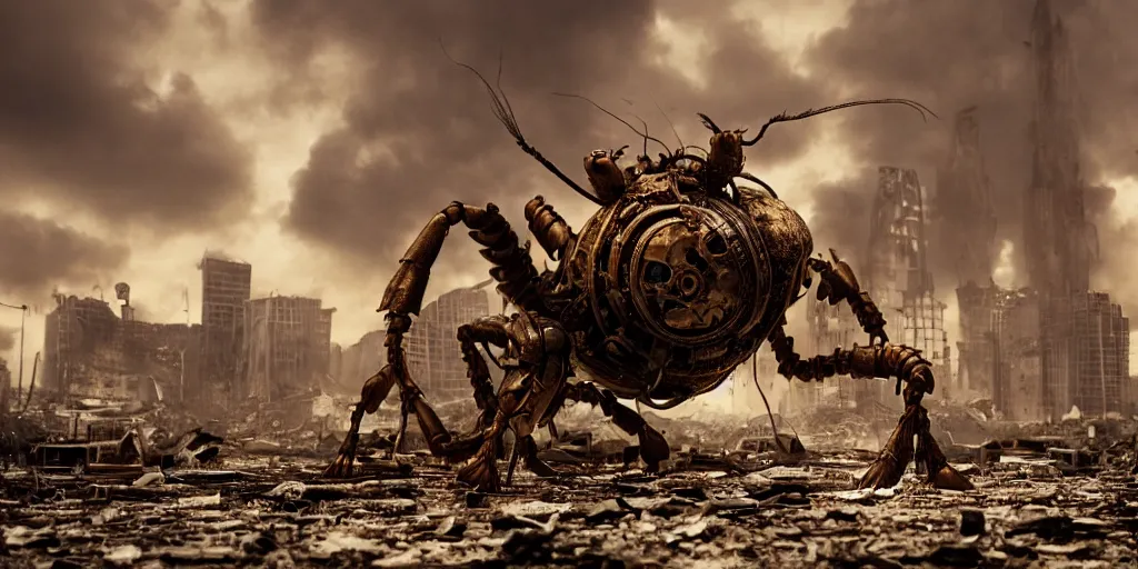 Image similar to giant steampunk ant in a destroyed city, 8 k, moody lighting, shallow depth of field,