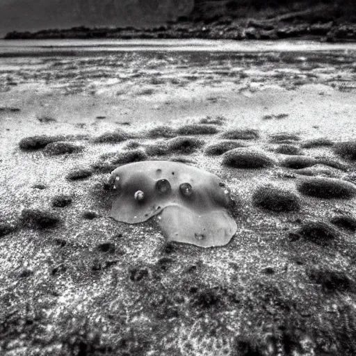 Prompt: a grainy photo of a mysterious cnidarian in the tide pools at a foggy beach