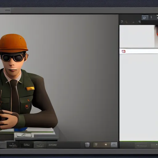 Image similar to TF2 scout confused a computer on an office desk, game render