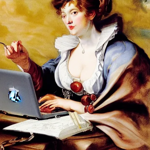 Image similar to heavenly summer sharp land sphere scallop well dressed lady working on her laptop drinking a starbucks coffee auslese, by peter paul rubens and eugene delacroix and karol bak, hyperrealism, digital illustration, fauvist