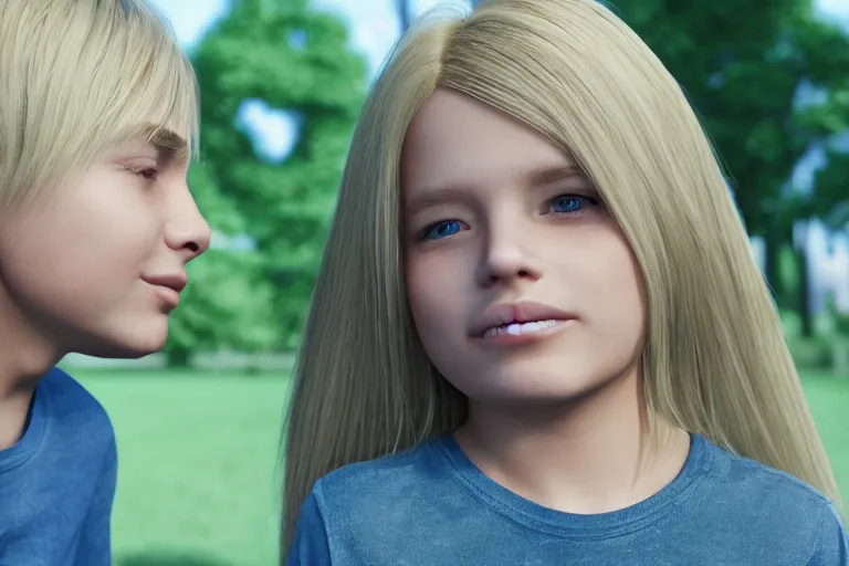 Prompt: blond boy hugging a brunette girl with straight hair, in a park, Polaroid, Closeup, Closeup-View, Octane render, Unreal Engine