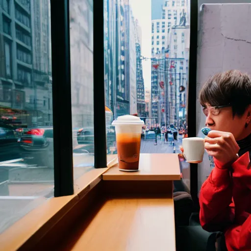 Prompt: a collection of vacation photos of byun baekhyun drinking tea in a cafe in downtown new york, photography, 5 0 mm, kodak film, uhd 8 k, stylistic blur