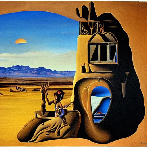 Prompt: earthship in the desert, New Mexico, woman with donkey, Salvador Dali painting
