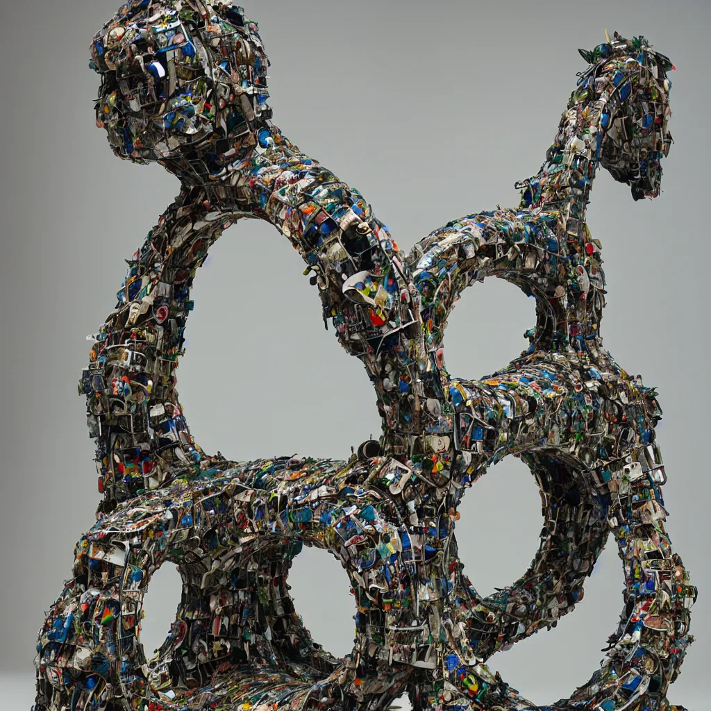 Prompt: photograph of a sculpture made of recycled materials in the shape of and arch, museum, architecture magazine, dezeen, 50mm, pentax, film