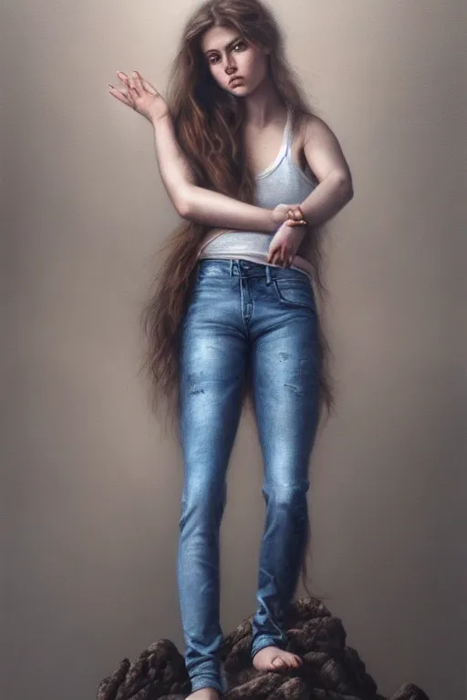 Image similar to a stunning ultra realistic fine art painting of a teenage female rock climber wearing jeans, by tom bagshaw, studio portrait, muted colors, detailed hair, 4K