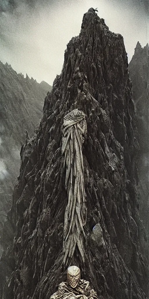 Prompt: A detailed lonley enormous sock with evil eyes stands among the mountains. Wearing a ripped mantle, robe. Perfect face, colossal scale, extremely high details, realistic, fantasy art, solo, masterpiece, art by Zdzisław Beksiński, Arthur Rackham, Dariusz Zawadzki