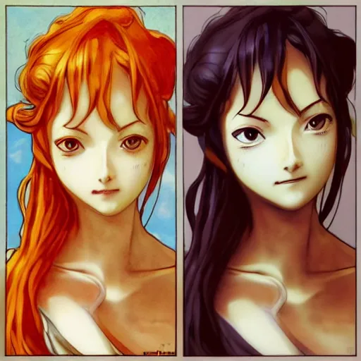 Prompt: intricately detailed vfx portrait of nami from one piece by eiichiro oda, makoto shinkai, alphonse mucha, art by artgerm and greg rutkowski, best of behance, concept art, matte, sharp focus, orange hair, elegant, adolphe bouguereau, annie leibovitz, stanley kubrick, cel shading, hdr,