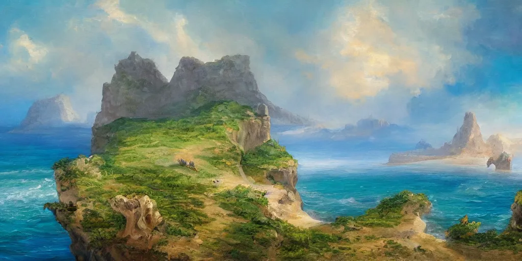 Image similar to fantasy painting of islands and cliffs overseeing a vast ocean