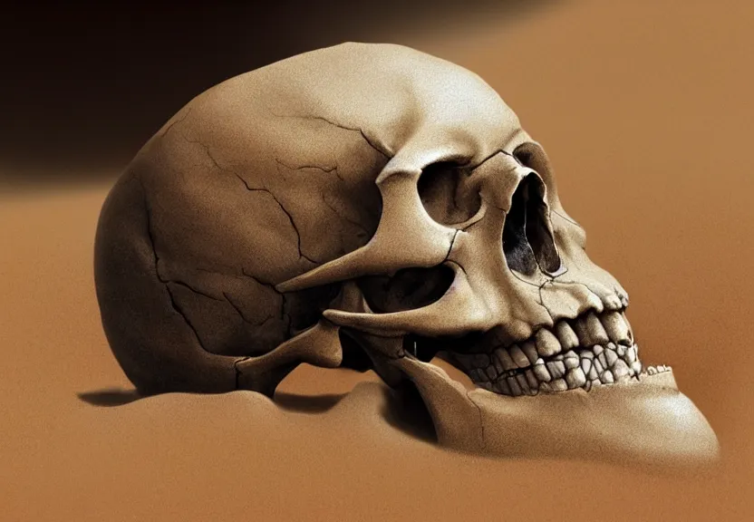 Image similar to close shot of a human skull buried in the sahara desert sand, a realistic digital painting by greg rutkowski and james gurney, trending on artstation, highly detailed