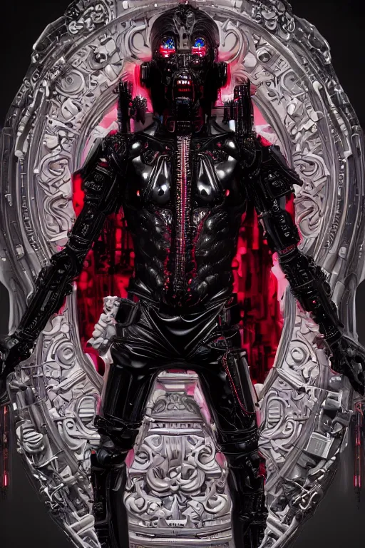 Image similar to full-body cyberpunk style sculpture of a young handsome dark god of battle, half android with a head opening exposing circuitry, glowing red eyes, black roses, flowing blood-red colored silk, fabric, candles. baroque elements, genetically augmented cyborg male. full-length view. baroque element. intricate artwork by caravaggio. Trending on artstation, octane render, cinematic lighting from the right, hyper realism, octane render, 8k, depth of field, 3D