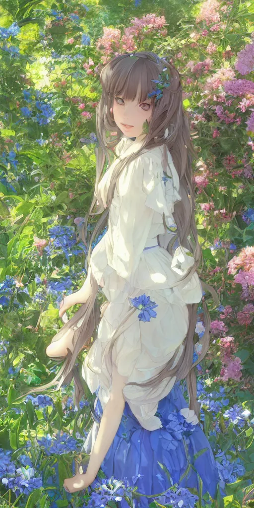 Image similar to a digital art of a loli with long hair in a dress in the privet garden at after noon, green and warm theme, blue flowers, low angle, back lighting, by krenz cushart and mucha and akihito yoshida and greg rutkowski, highly detailed, 4 k resolution, trending on art station