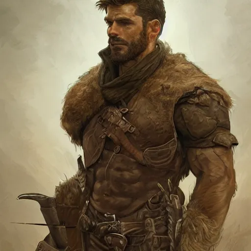 Image similar to portrait of a rugged ranger, 2 5 years old, muscular, upper body, leather, hairy torso, d & d, fantasy, intricate, elegant, highly detailed, digital painting, artstation, concept art, smooth, sharp focus, illustration, art by artgerm and greg rutkowski and alphonse mucha