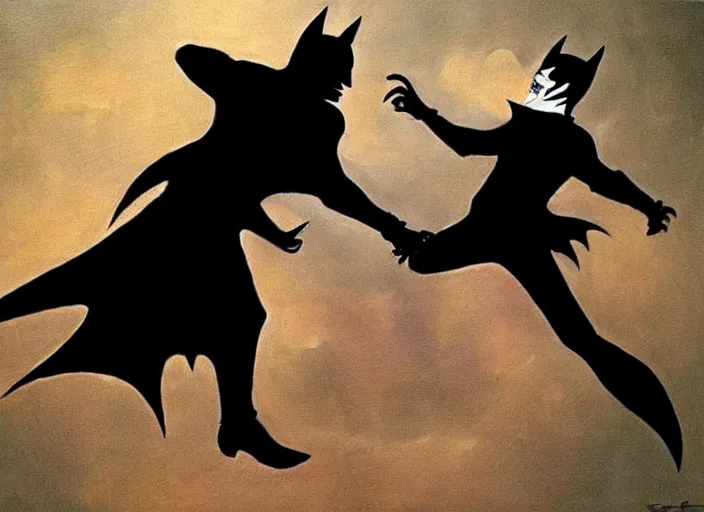 Image similar to Batman and Joker dance together，atmospheric lighting, masterpiece, award winning painting by Emmanuel Lubezki