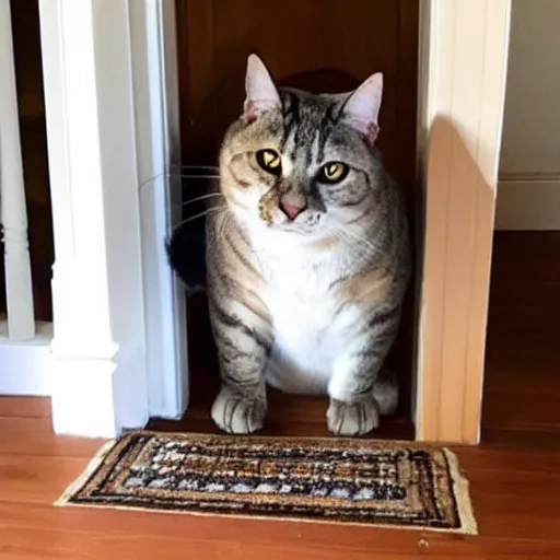 Image similar to gigantic fat cat blocking the doorway, annoyed human staring at the giant cat blocking the door