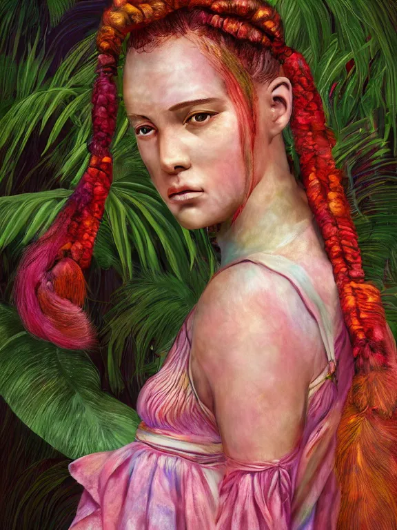 Image similar to beautiful portrait of a Subtropics minority female wearing fantastic Hand-dyed cotton with decorative fringe costume, pigtail,subtropical plants,subtropical plants flowers,intricate, elegant, highly detailed, dim volumetric lighting, 8k,octane,post-processing,digital painting, trending on artstation, concept art, smooth, sharp focus, illustration,by Tom Bagshaw and Daniel Gerhartz and Albert Aublet and Lawrence Alma-Tadema and alphonse mucha