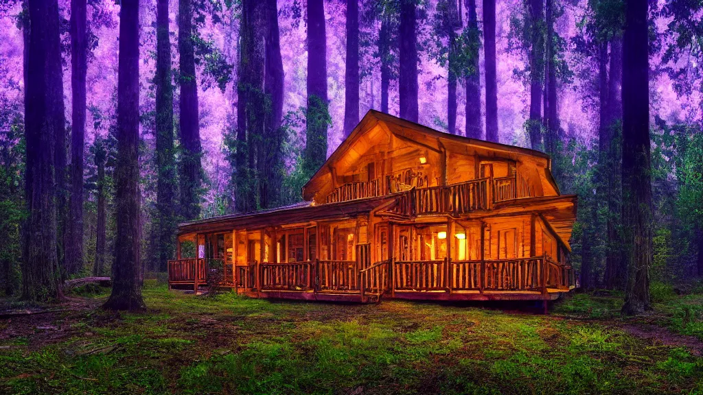 Image similar to portrait of an ethereal vaporwave log cabin made of golden purple and green light, evergreen forest, divine, cyberspace, mysterious, high-contrast, 4k, award-winning photograph