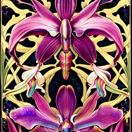 Image similar to majestic colorful orchid mantis enamel by william morris, cloisonne, iridescent, gilded details, black opals, beautiful hyperdetailed art nouveau orchids, ultrasharp photorealistic octane render, rich deep moody colors