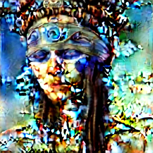 Image similar to A young blindfolded shaman woman with a decorated headband, in the style of heilung, blue hair dreadlocks and wood on her head., made by karol bak