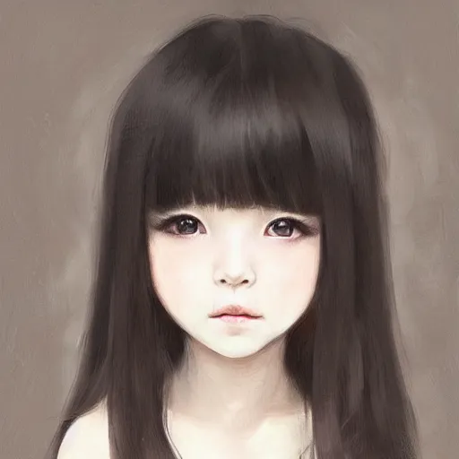 Image similar to a beautiful little girl by WLOP, pixiv, very white skin, sad black eyes, very black hair