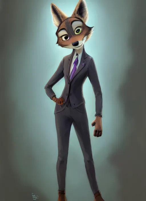 Image similar to oil painting of detailed full body of anthromorphic female wolf, in style of zootopia, zootopia, zootopia, fursona, furry, furaffinity, 4 k, deviantart, furry art, fursona art, wearing black business suit, business suit, in style of zootopia, wolf fursona, cyberpunk, female, expressive detailed feminine face,