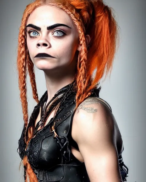 Prompt: fantasy character portrait photo. female dwarf. short, broad, extremely swole. broad face resembles cara delevingne but very squat. wide face, androgynous but pretty. elaborately braided orangepink hair. long sidebuns, downy cheeks. thick bushy groomed red eyebrows with multiple piercings. tan leather vest, bare bodybuilder shoulders. kohl, lipgloss